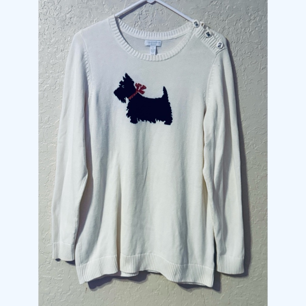 Charter Club Cream Knit Sweater Black Oz Scottie Dog Novelty Graphic Size 0X - Picture 2 of 8